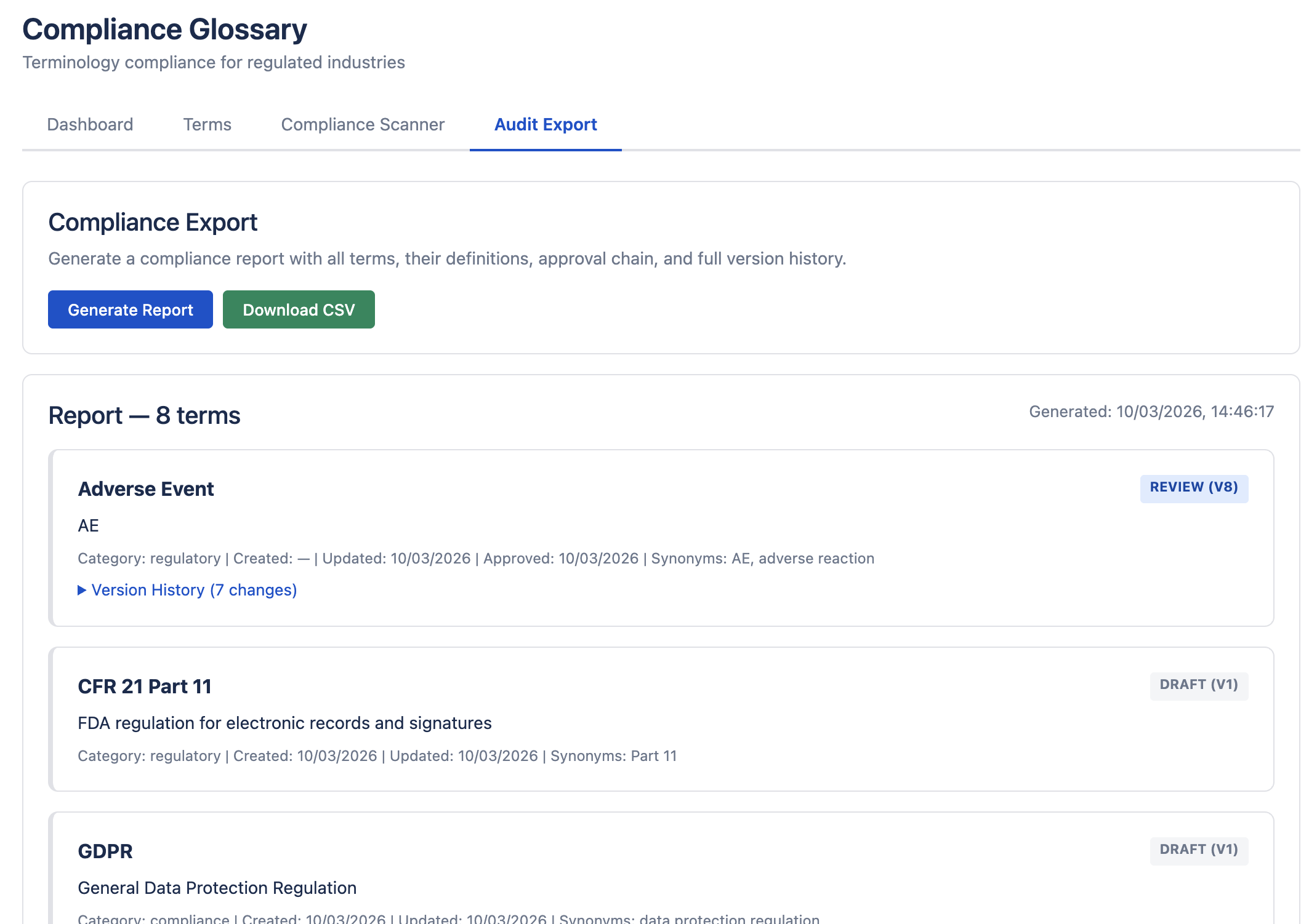 Audit Export — compliance report with all terms, versions, and approval chain