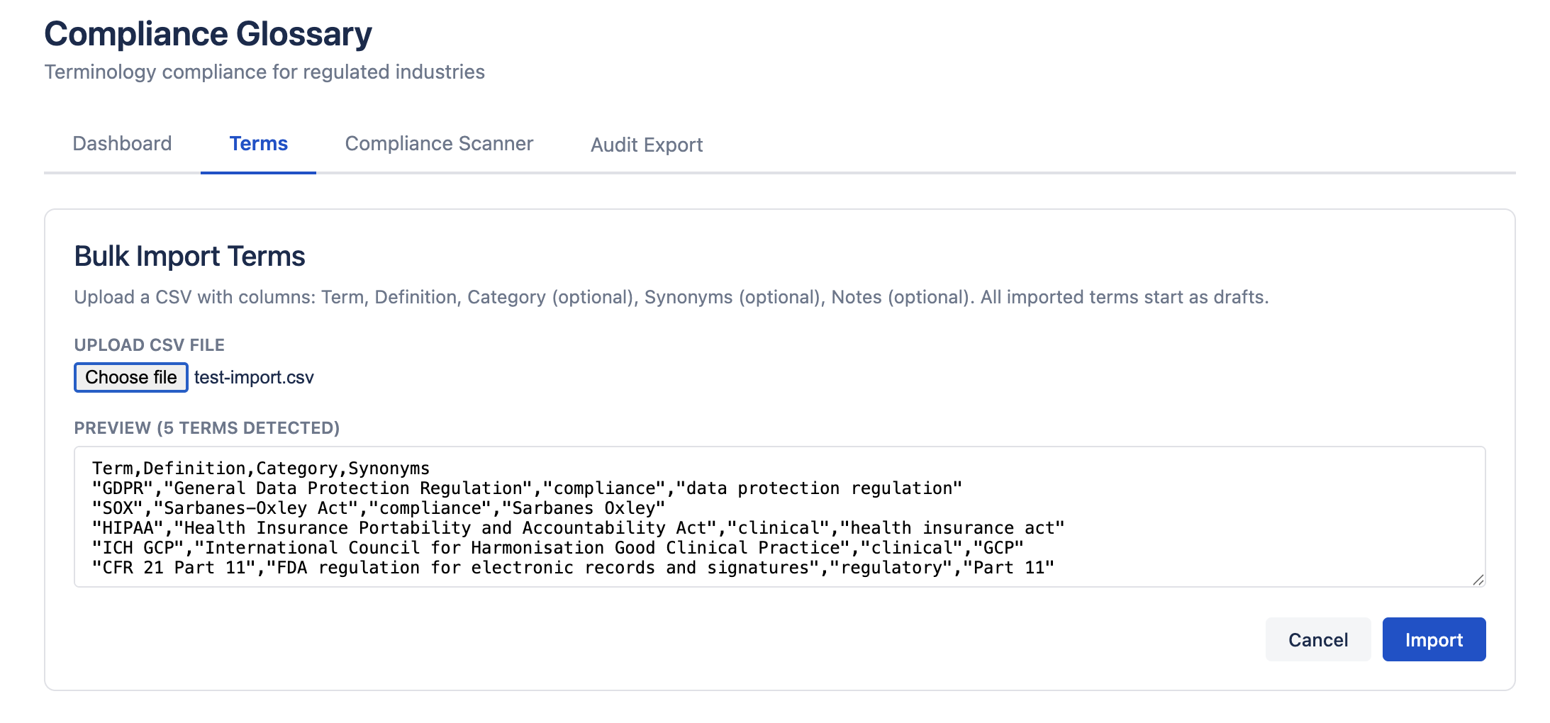 CSV Import — preview detected terms before importing into glossary