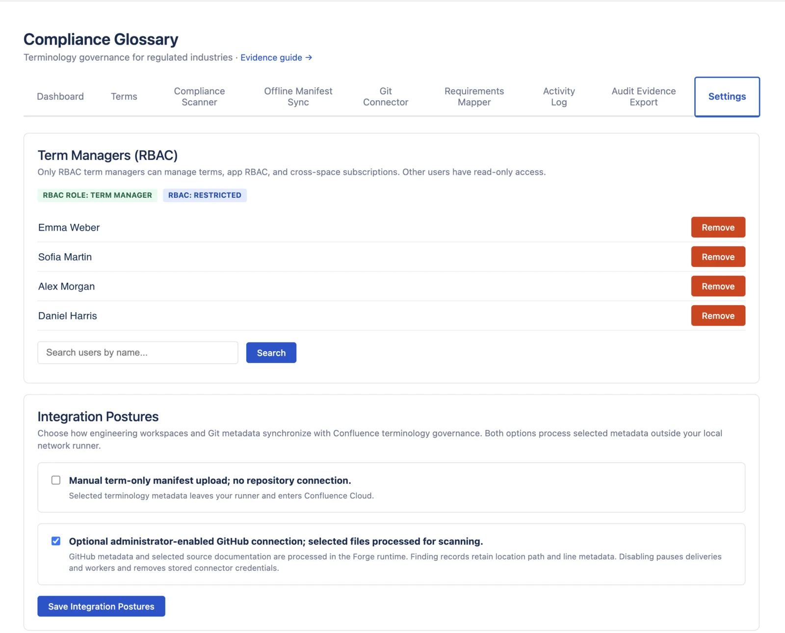 Settings page with term manager RBAC and anonymized demo users